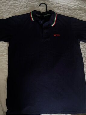 Hugo Boss Navy Polo with Red Logo and Green-White-Red Trim